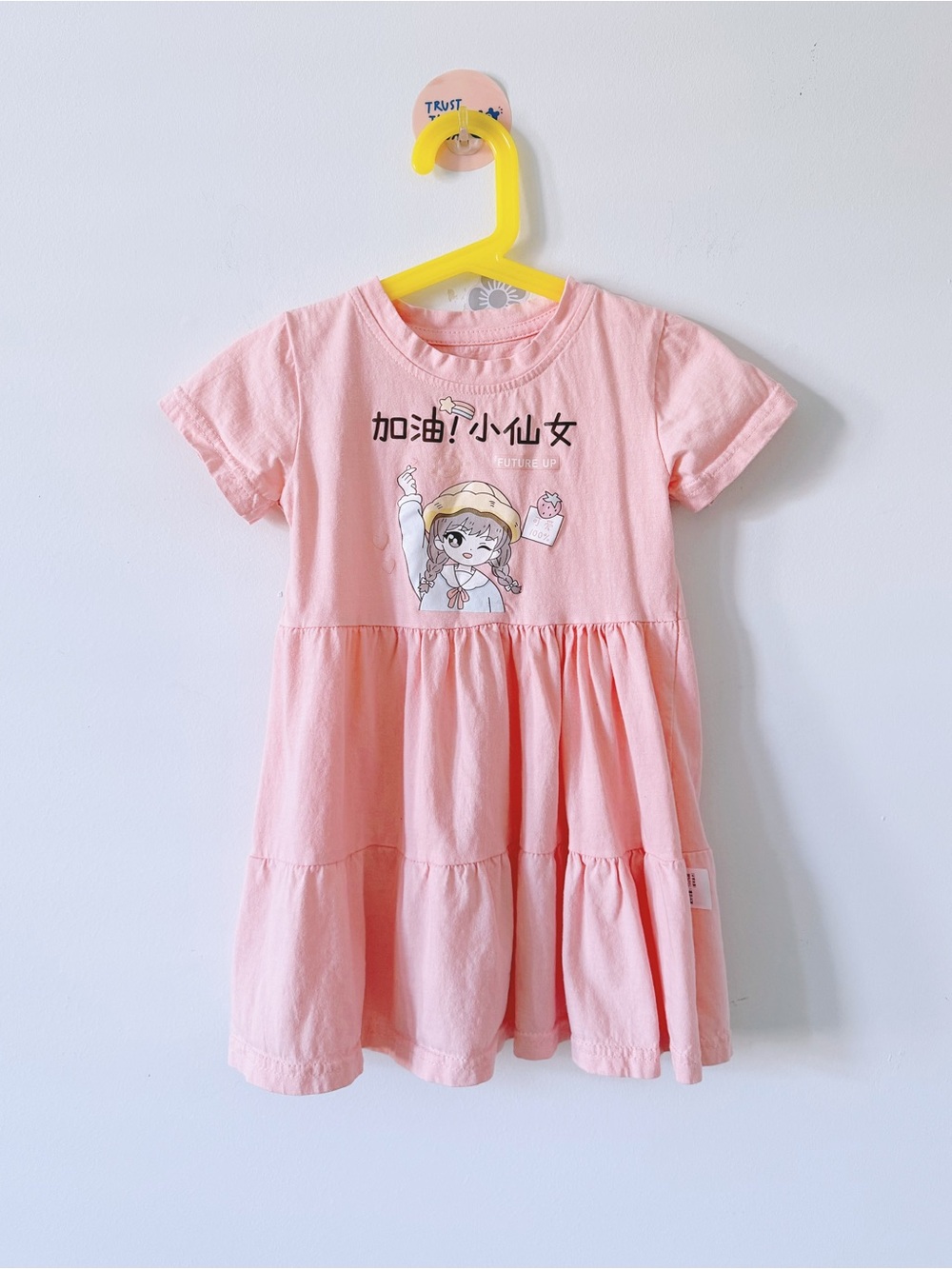Pink Anime Girl Graphic Tiered Casual Dress Short Sleeve 100% Cotton Size 2T 90
